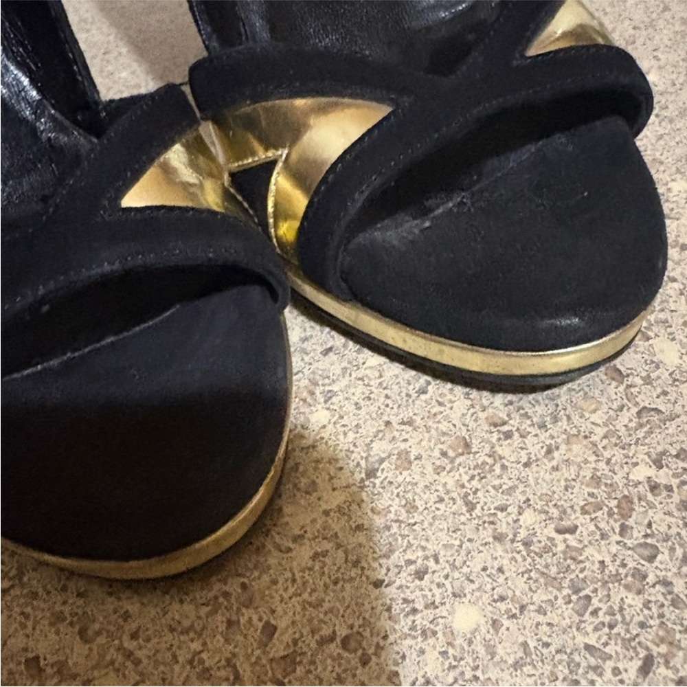 Gucci Black and Metallic Gold Open-Toe Stiletto Pump - Picture 9 of 14